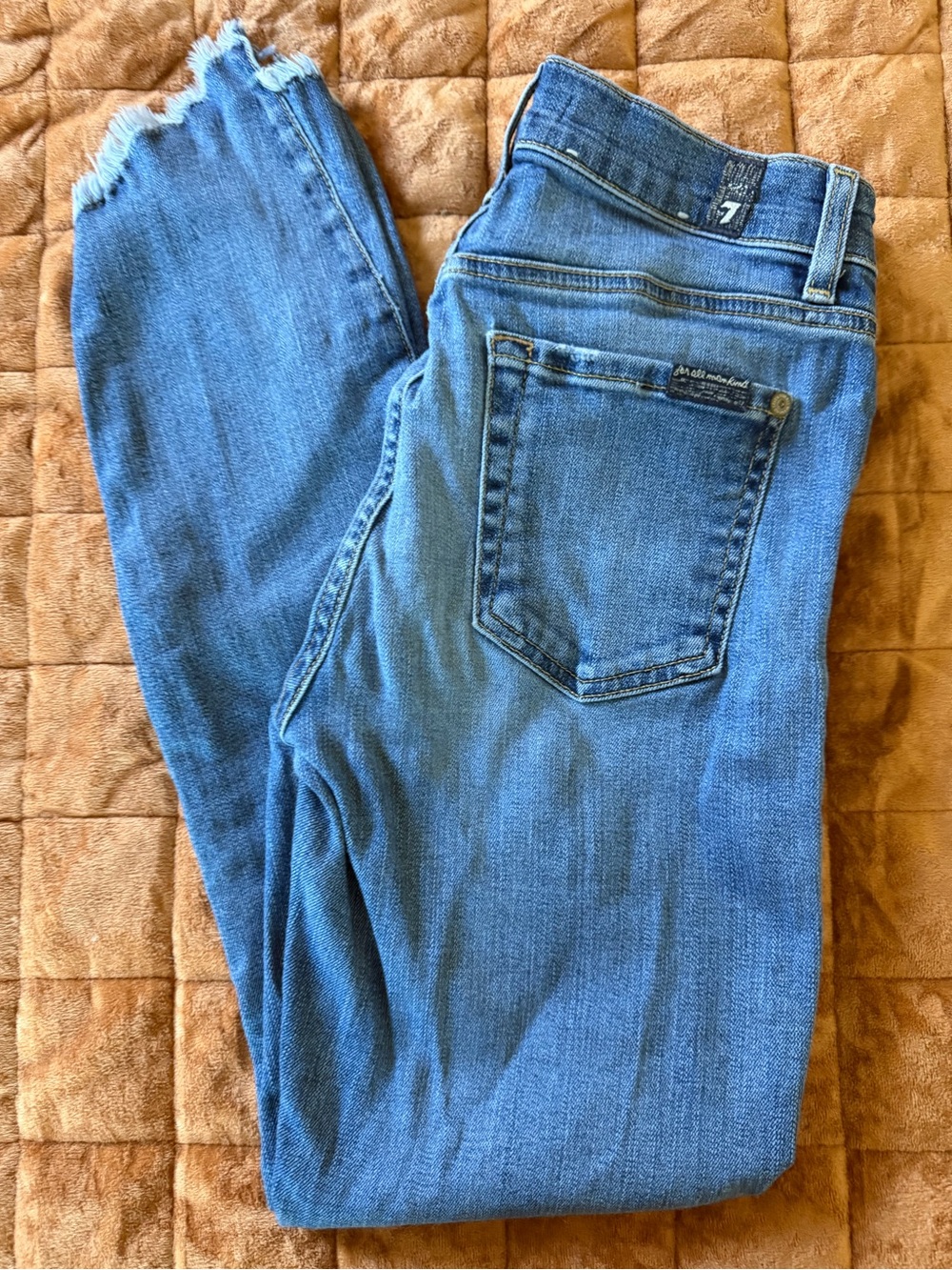 7 For All Mankind Cropped Distressed Hem Mid Blue Jeans